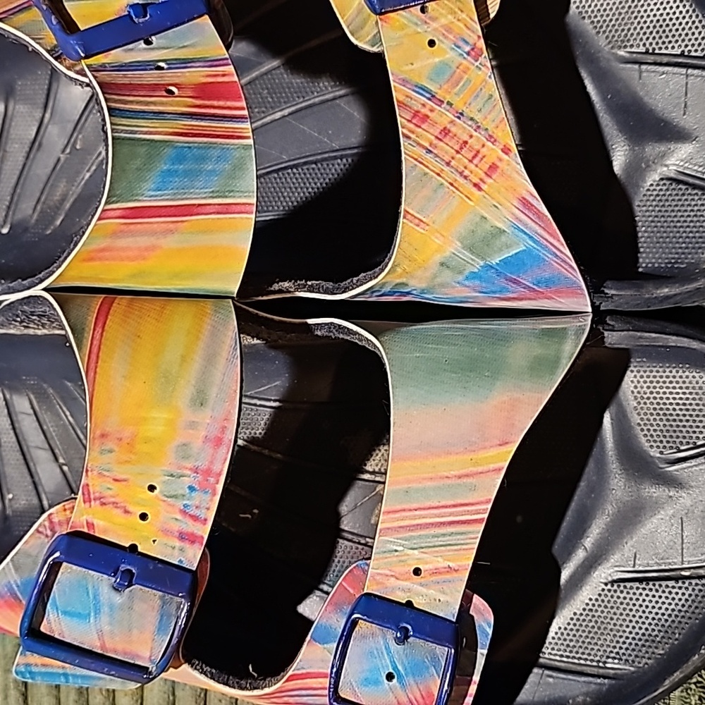 Birkenstock Multicolor Swirl Pattern Arizona Sandals with Blue Buckles - Picture 8 of 9